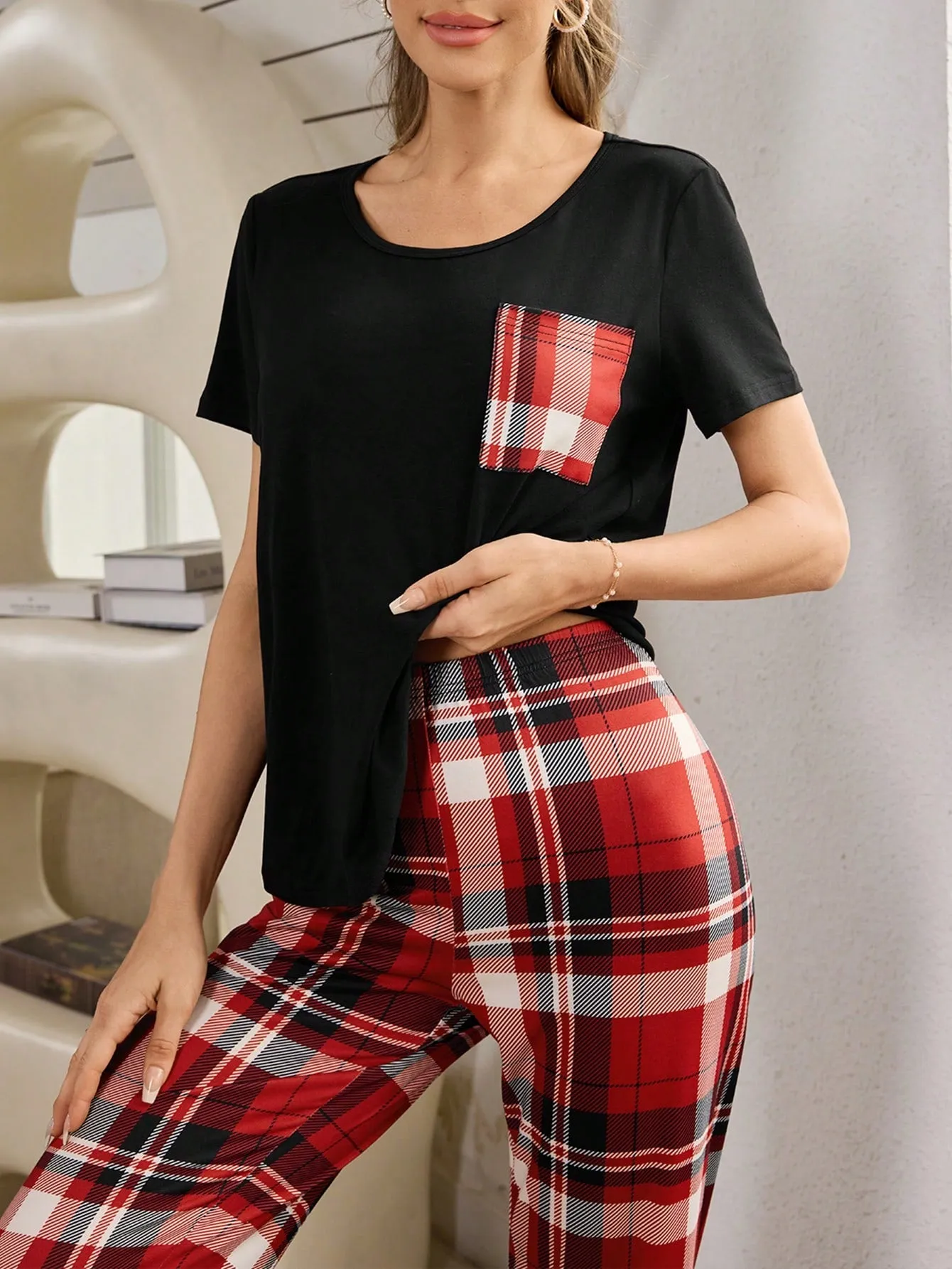 1pc Short Sleeve Plaid Wide Leg Casual Sleepwear Set