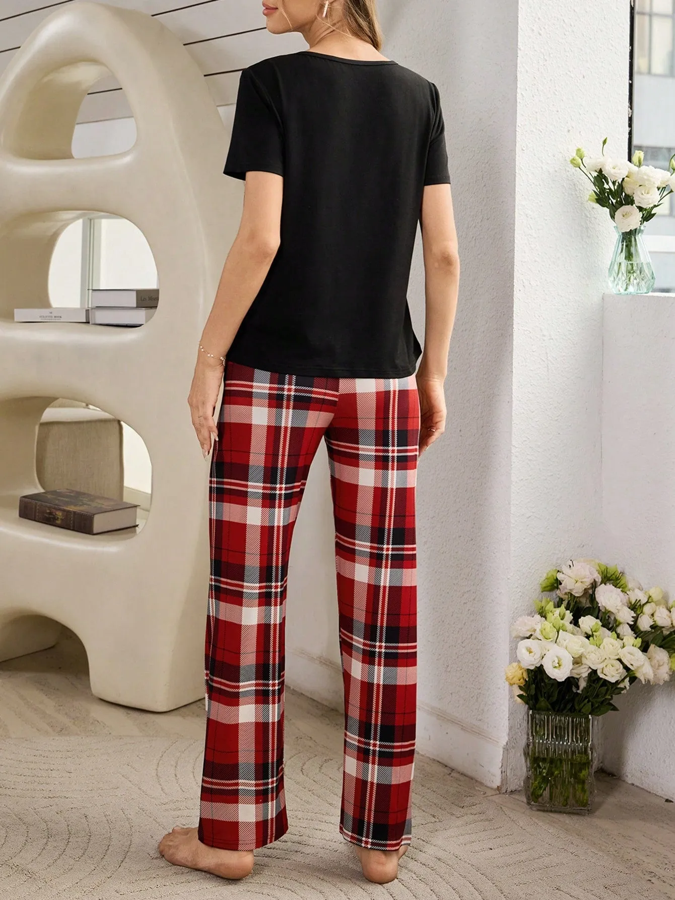 1pc Short Sleeve Plaid Wide Leg Casual Sleepwear Set