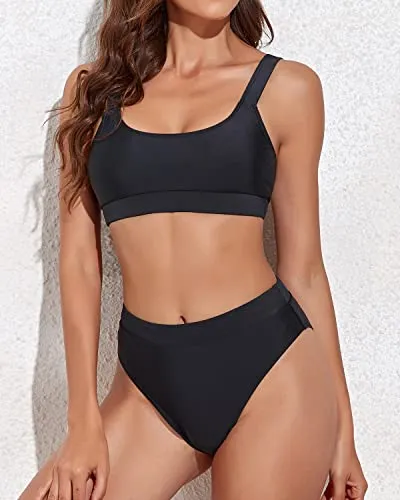 2 Piece Adjustable Shoulder Straps High Waisted Bikini Swimsuits-Black