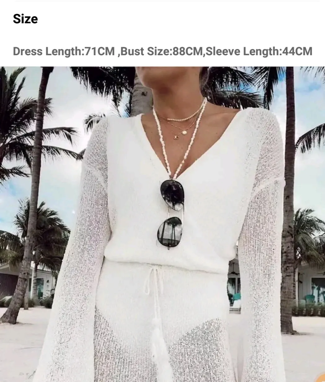 2023 Sexy Bikini Cover-ups Beach White Crochet Tunic Knitted Summer Mini Dress  Long Sleeves Women  Swim Suit Cover Up