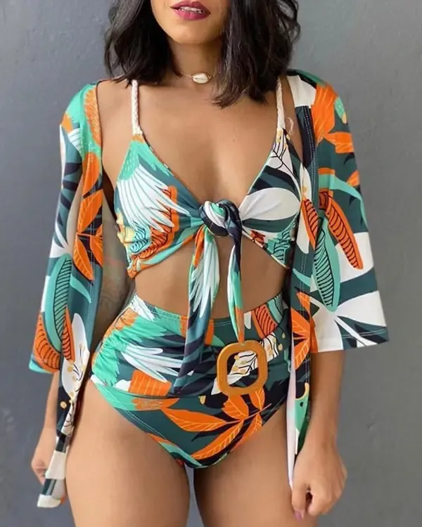 3PCS Spaghetti Strap Tropical Print Knotted Bikini Set With Cover Up