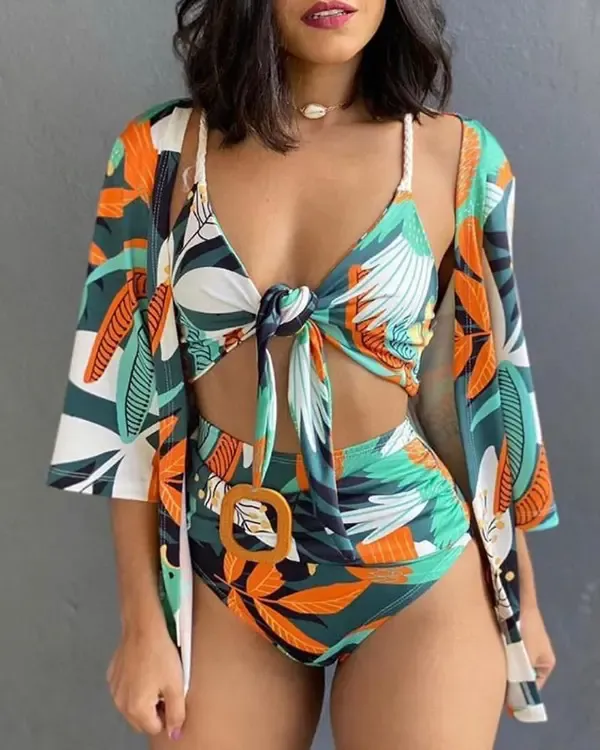 3PCS Spaghetti Strap Tropical Print Knotted Bikini Set With Cover Up