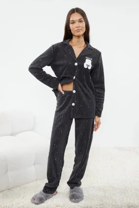 Anthracite Polka Dot Animal Printed Polar Fleece Winter Knitted Pajama Set