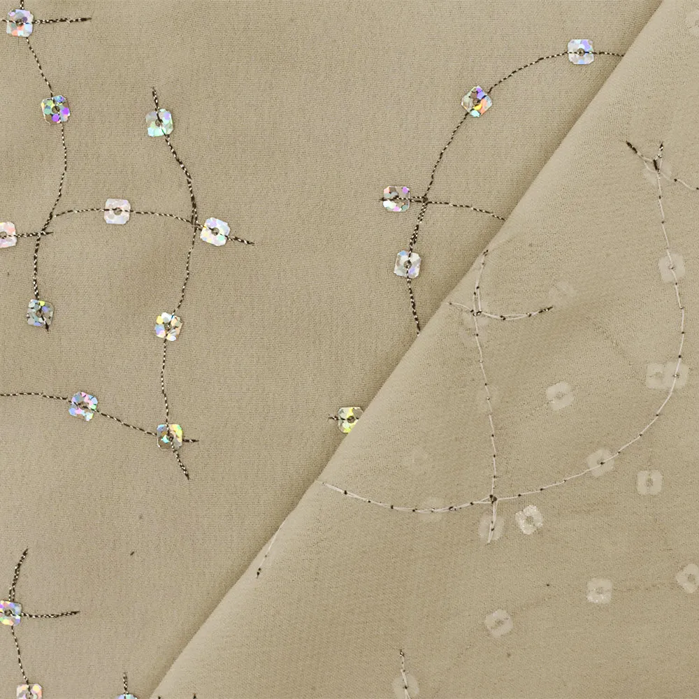 Beige-Multi Constellation Sequin Embroidery Poly Chiffon Woven Fabric