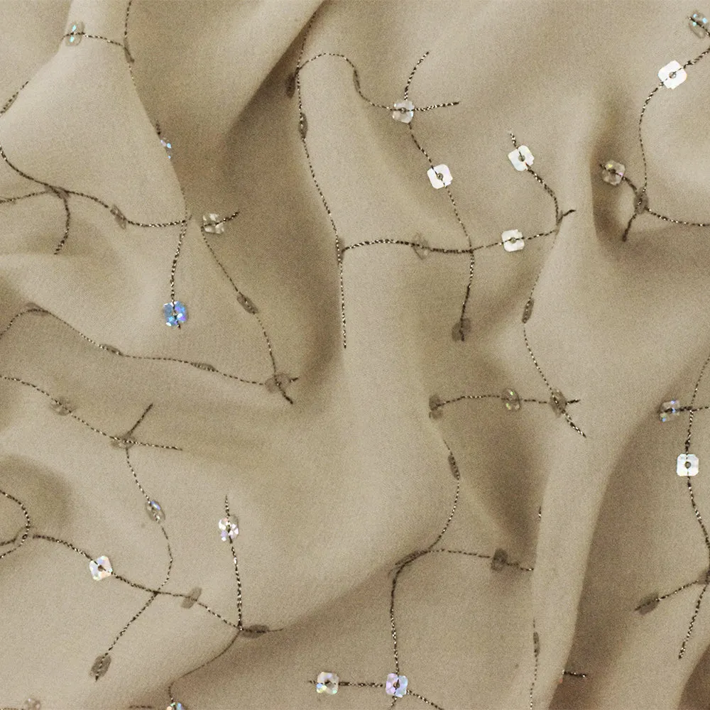 Beige-Multi Constellation Sequin Embroidery Poly Chiffon Woven Fabric