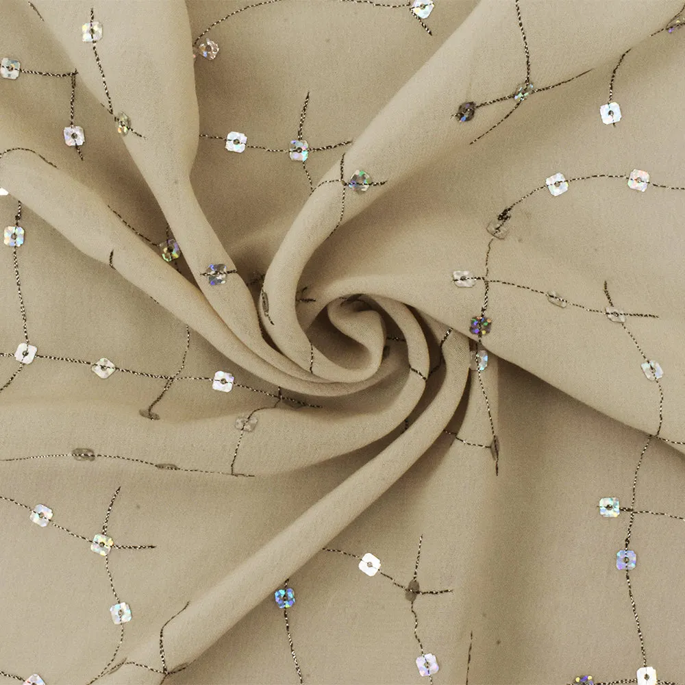 Beige-Multi Constellation Sequin Embroidery Poly Chiffon Woven Fabric