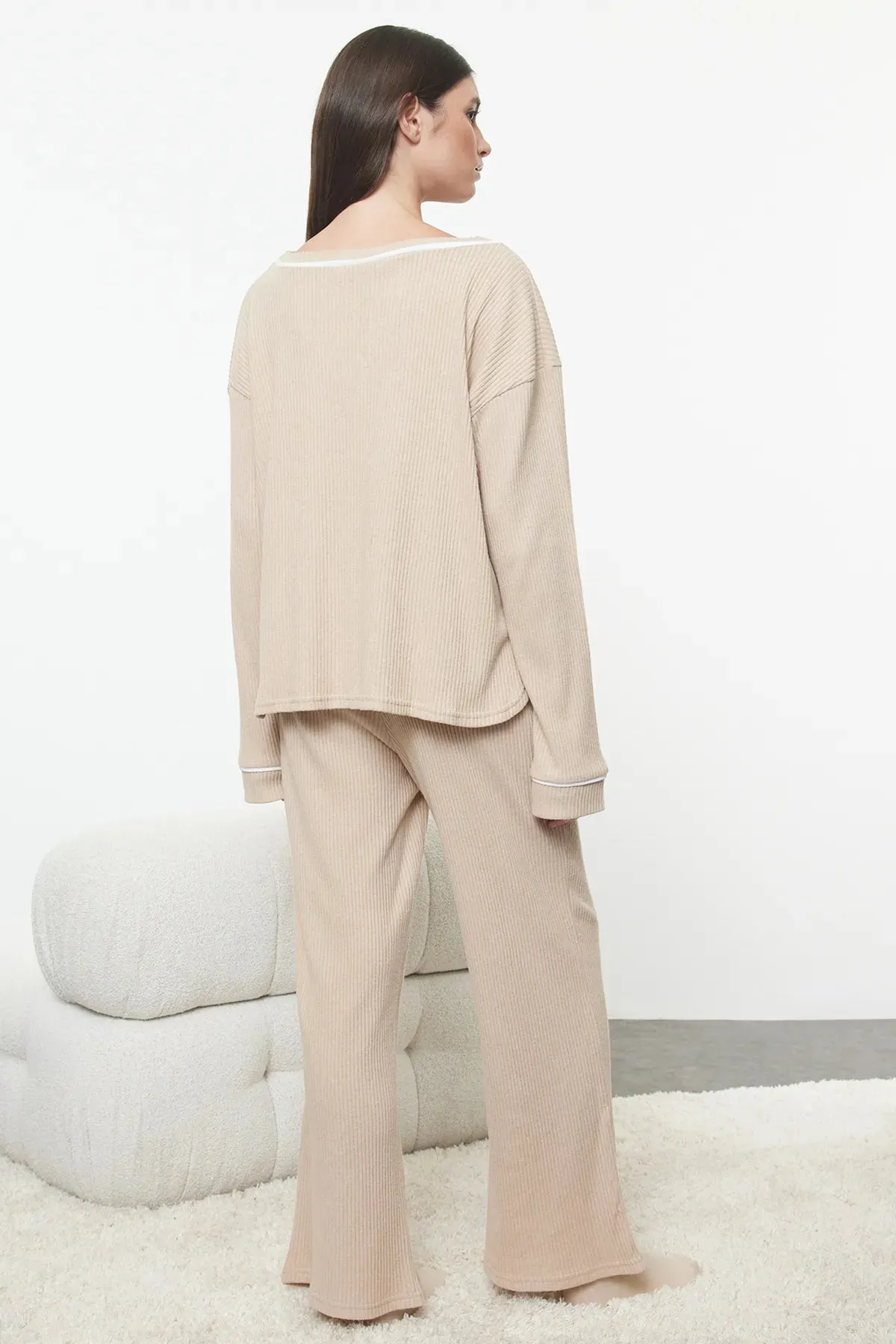 Beige Piping Detailed Ribbed Knitted Pajama Set