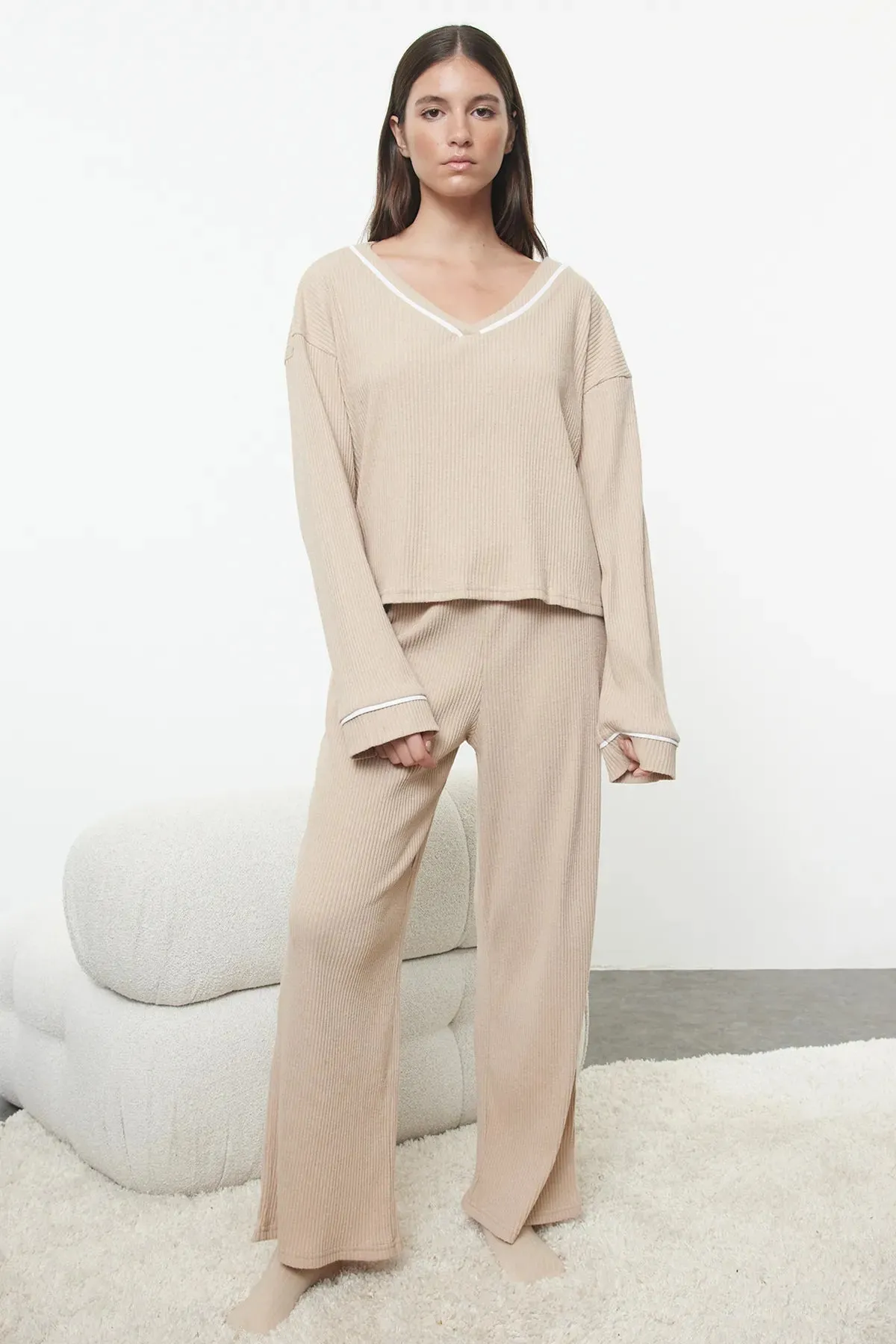 Beige Piping Detailed Ribbed Knitted Pajama Set