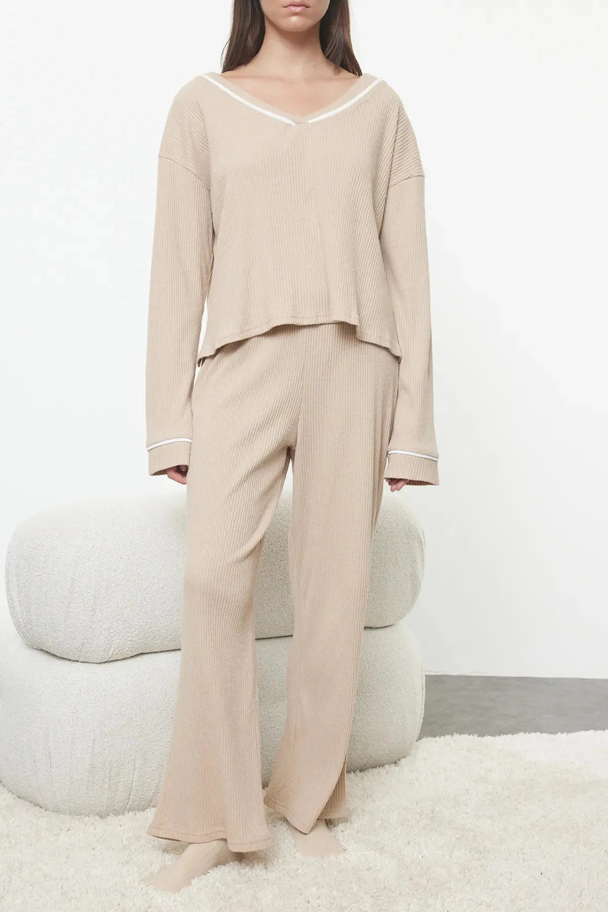 Beige Piping Detailed Ribbed Knitted Pajama Set