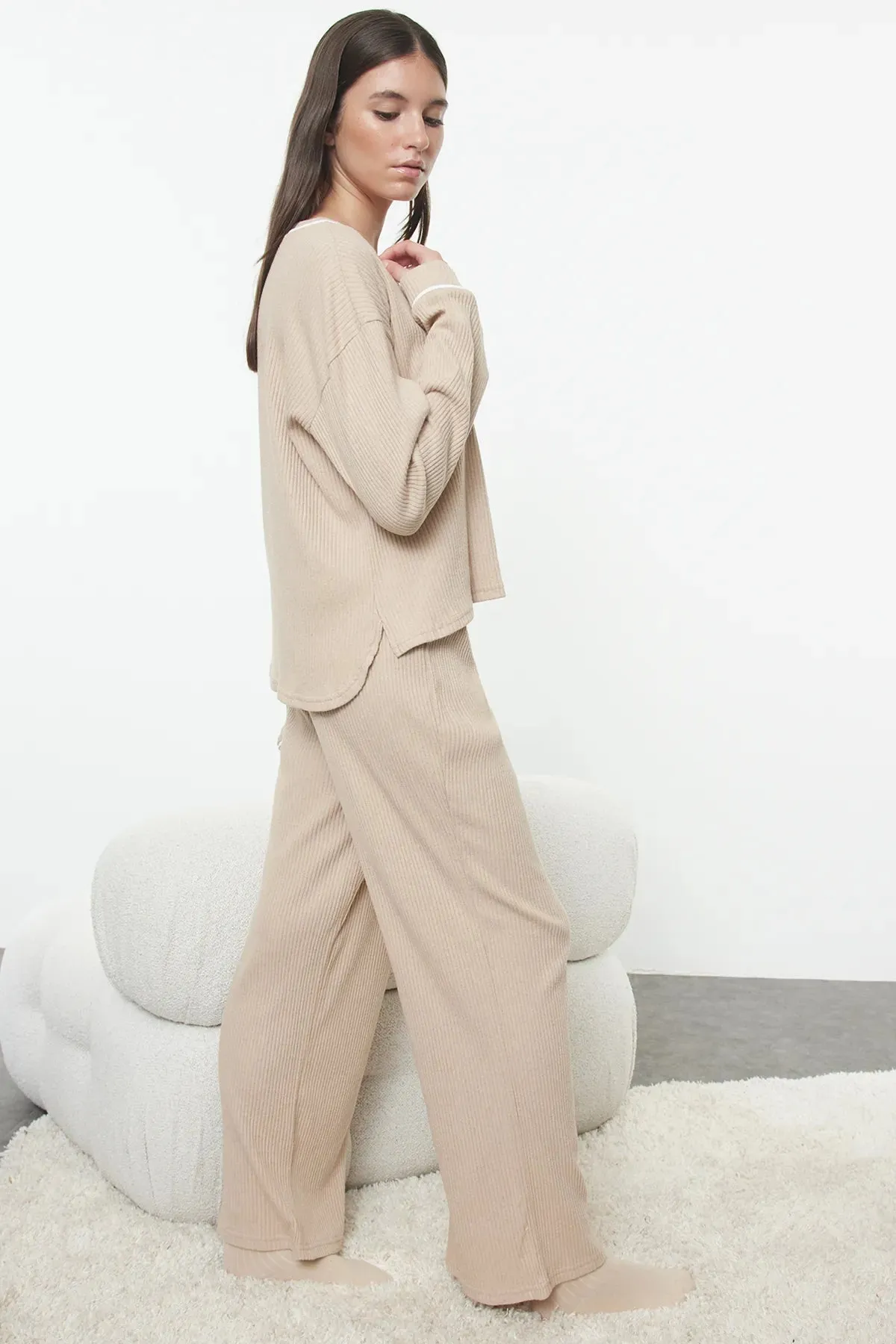 Beige Piping Detailed Ribbed Knitted Pajama Set