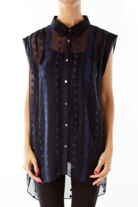 Black Blue Sheer Embroidered Sleeveless Blouse