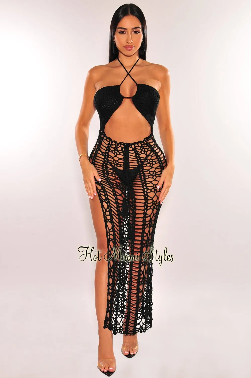 Black Crochet Cut Out Criss Cross Halter Open Back Cover Up Dress