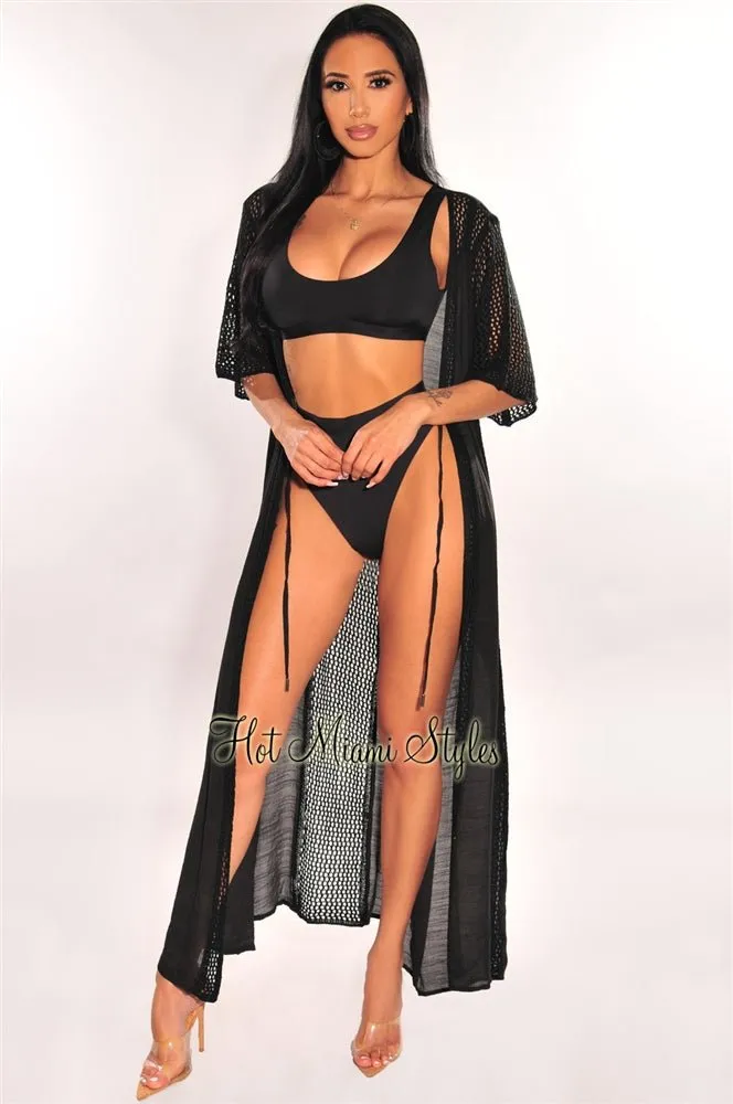 Black Crochet Short Sleeve Tie Up Maxi Cover Up