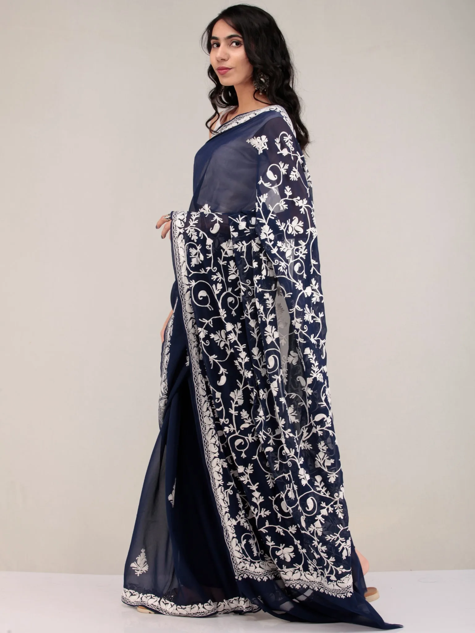 Blue Aari Embroidered Georgette Saree From Kashmir - S031704635