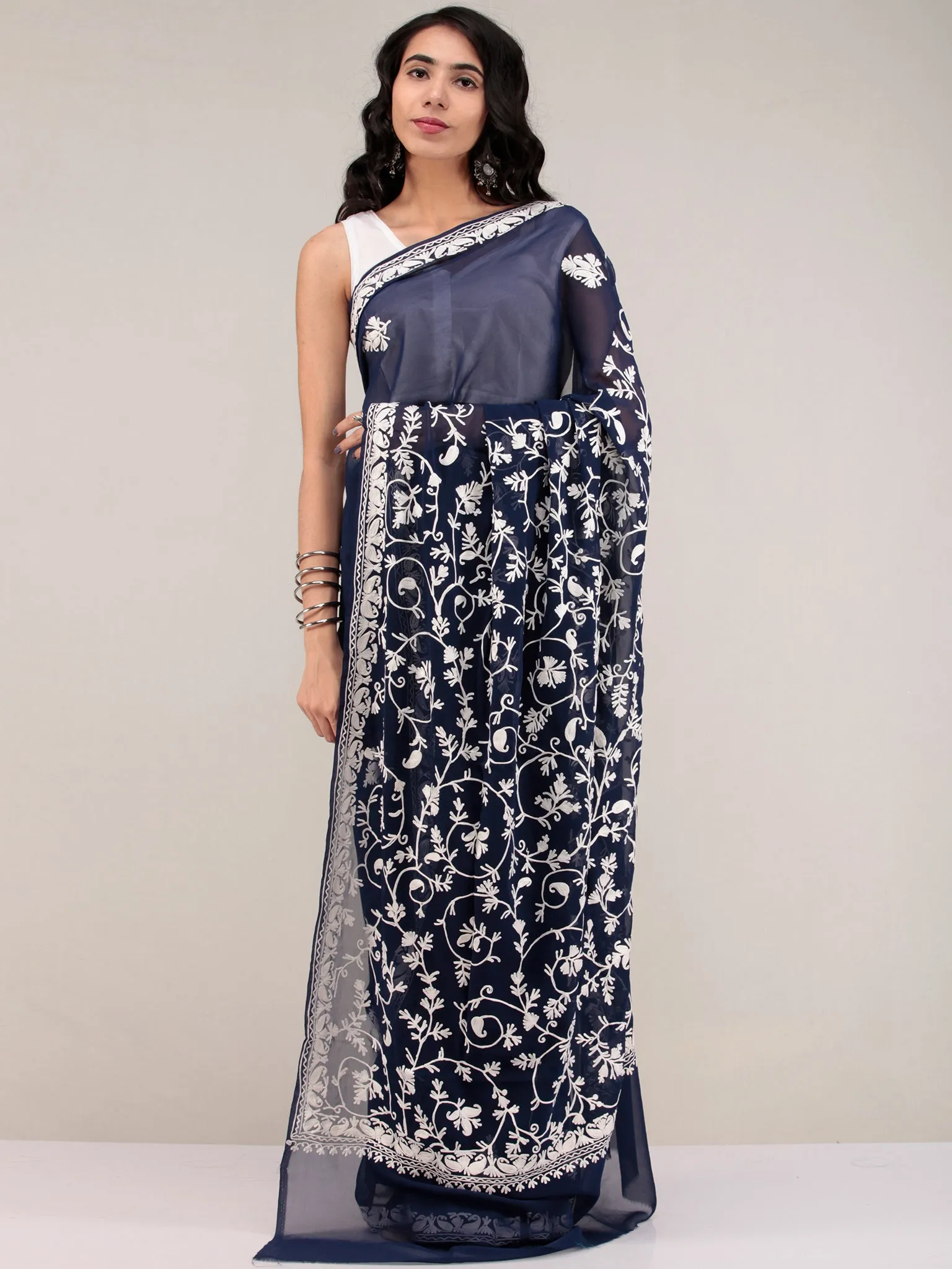 Blue Aari Embroidered Georgette Saree From Kashmir - S031704635