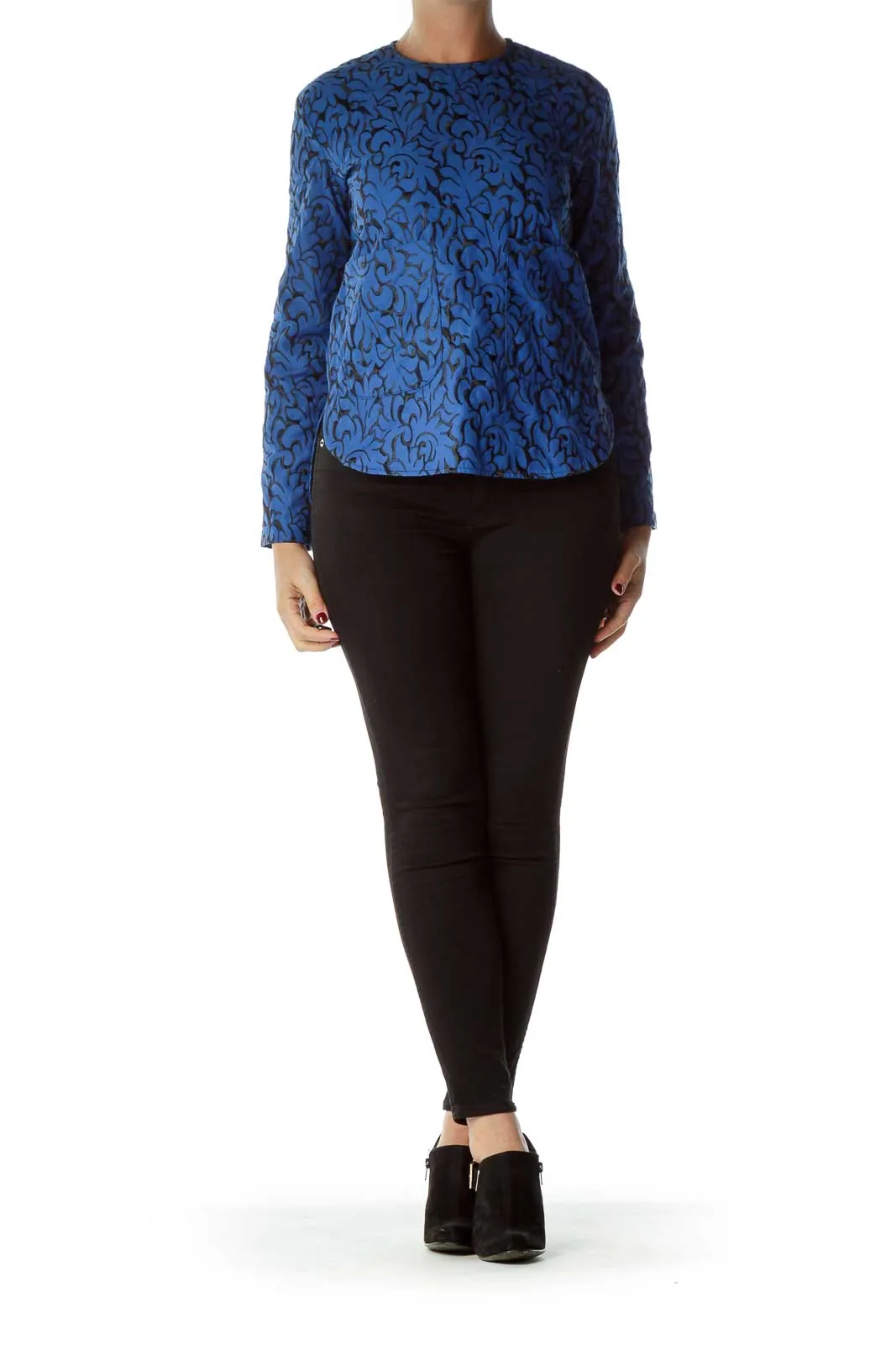 Blue Embroidered Long Sleeve Top