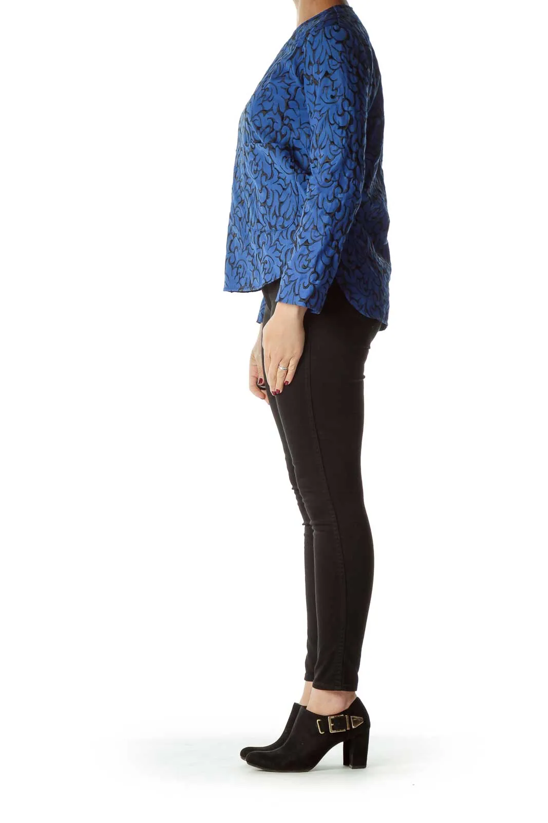 Blue Embroidered Long Sleeve Top