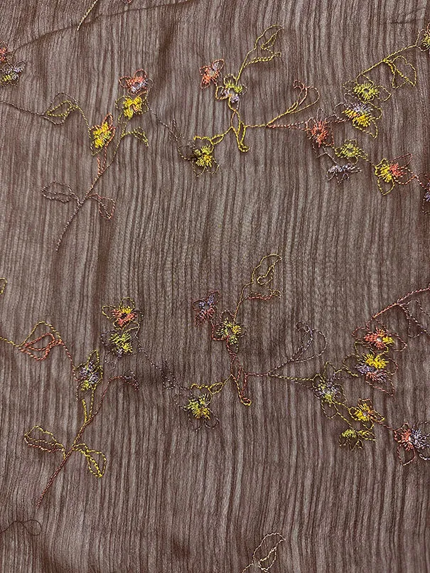 Brown Embroidered Floral Crinkled Poly Chiffon Fabric