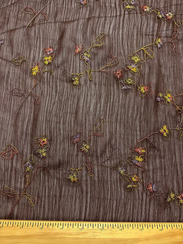 Brown Embroidered Floral Crinkled Poly Chiffon Fabric