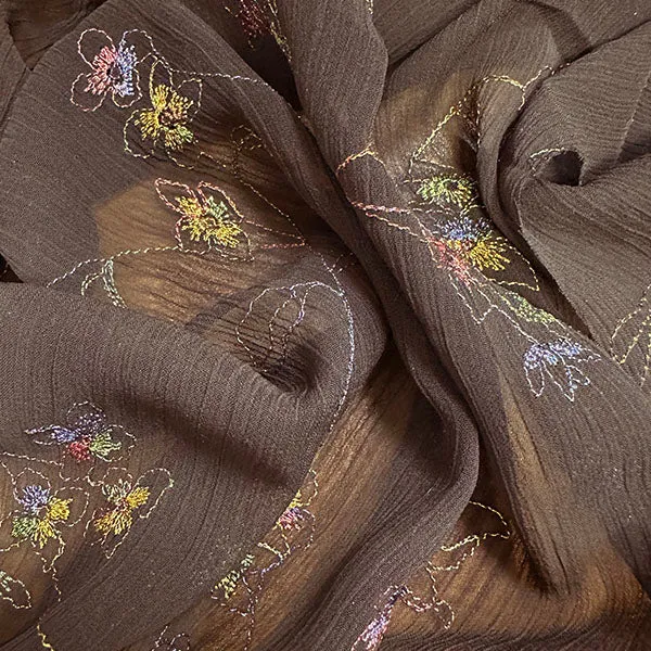 Brown Embroidered Floral Crinkled Poly Chiffon Fabric