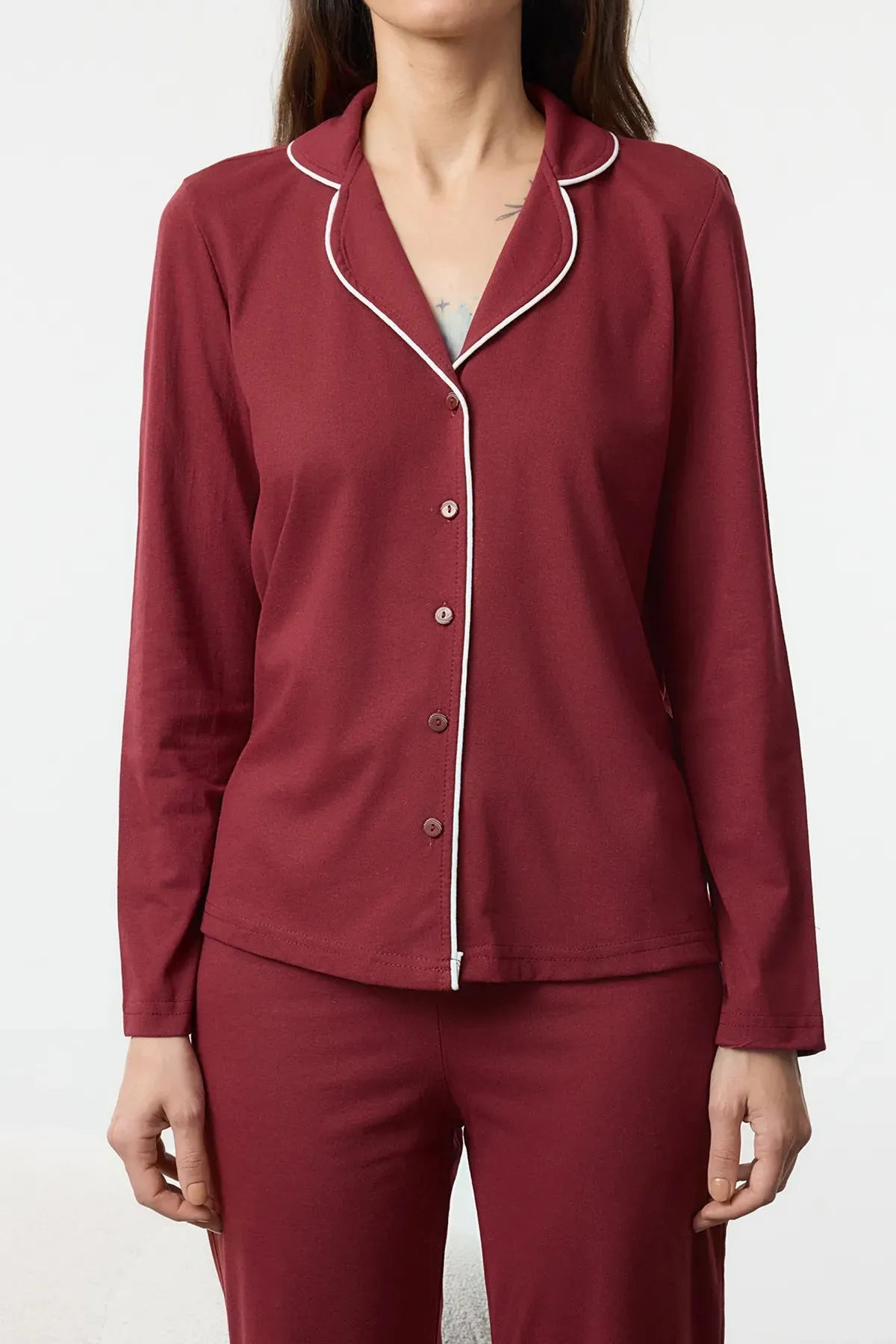 Burgundy Piping Detailed Knitted Pajama Set