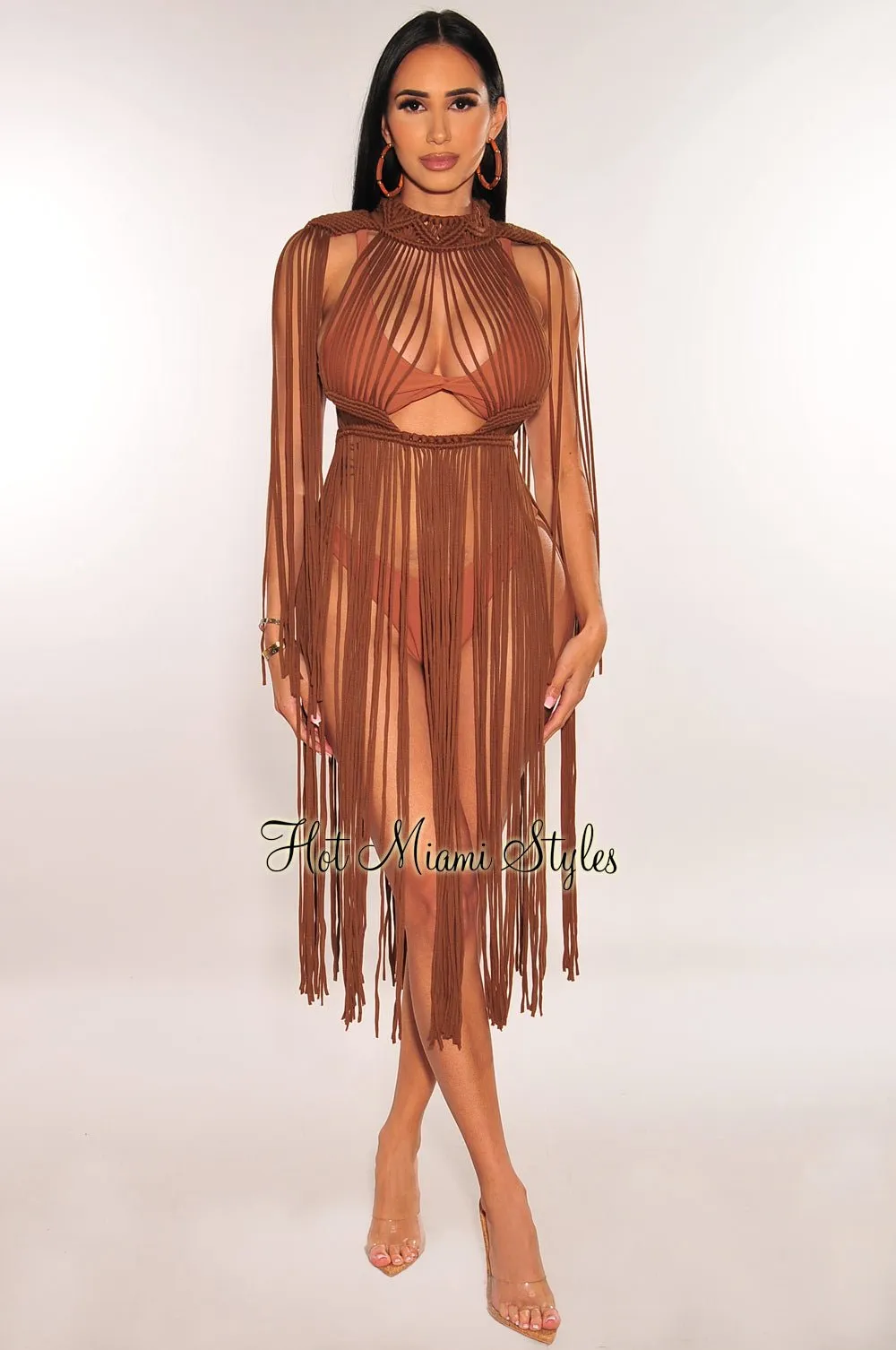 Chocolate Crochet Cape Sleeves Fringe Cover Up Dress