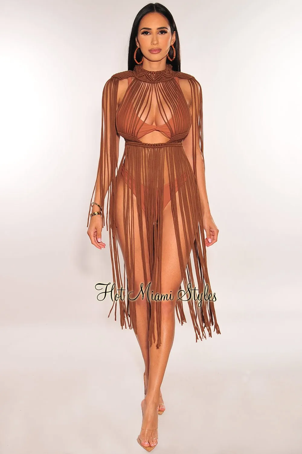 Chocolate Crochet Cape Sleeves Fringe Cover Up Dress