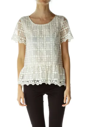 Cream Embroidered Short Sleeve Top