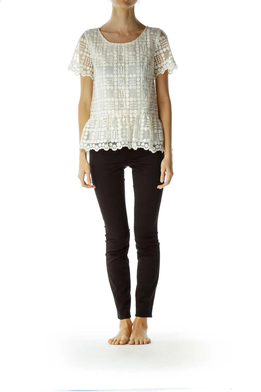 Cream Embroidered Short Sleeve Top