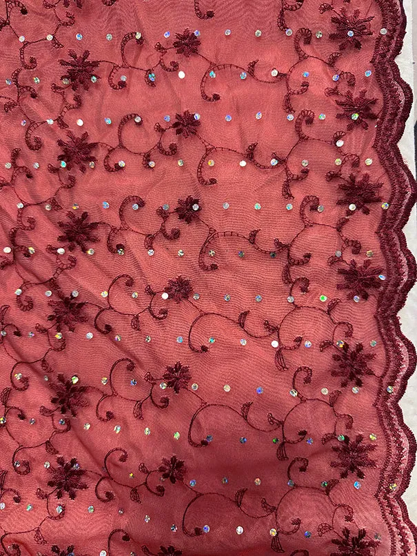 Dark Red Embroidered Floral Faux Sequin Poly Organza Fabric