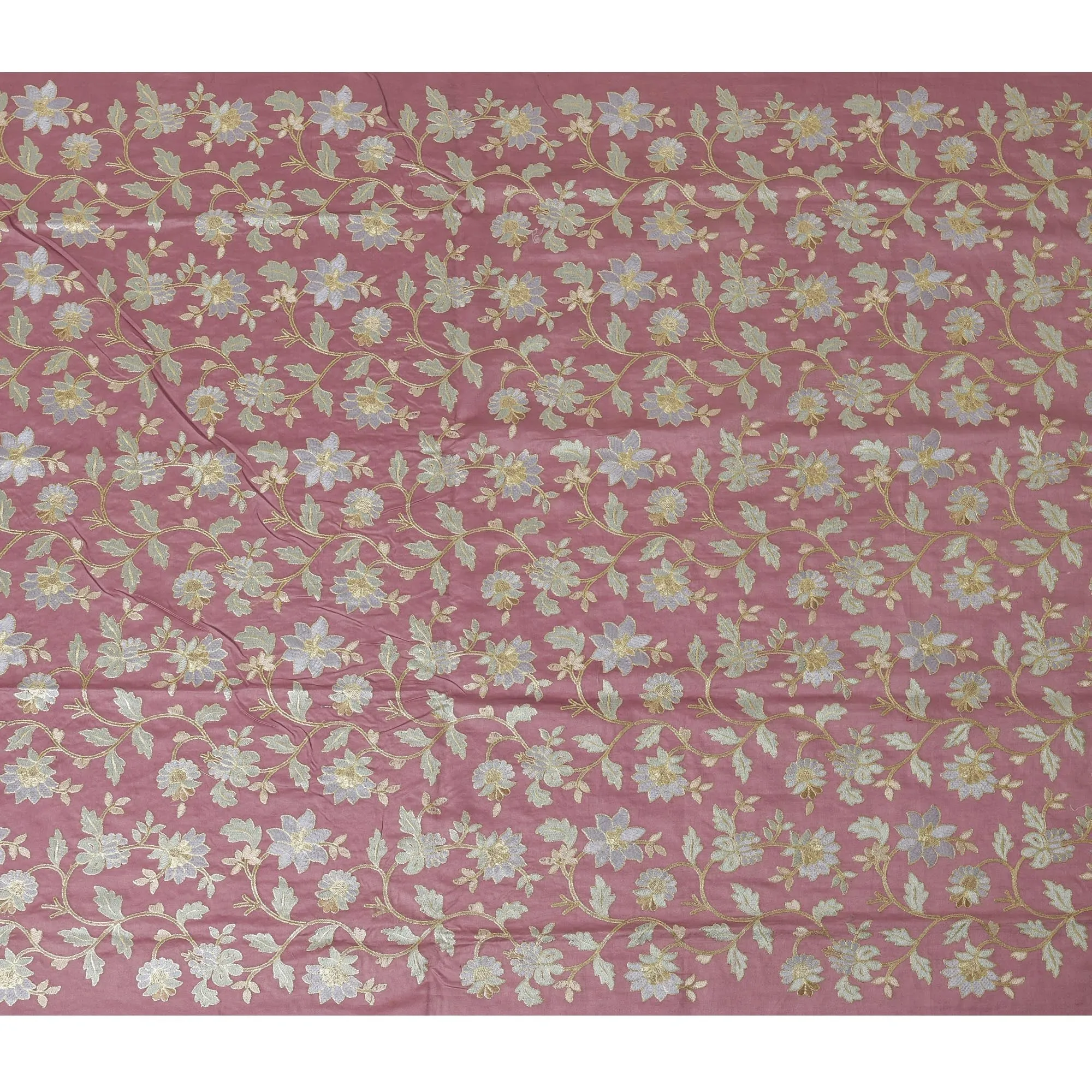 Dusty Rose Cotton Silk Fabric with Blue and Gold Floral Embroidery, 110 cm Width-D20434