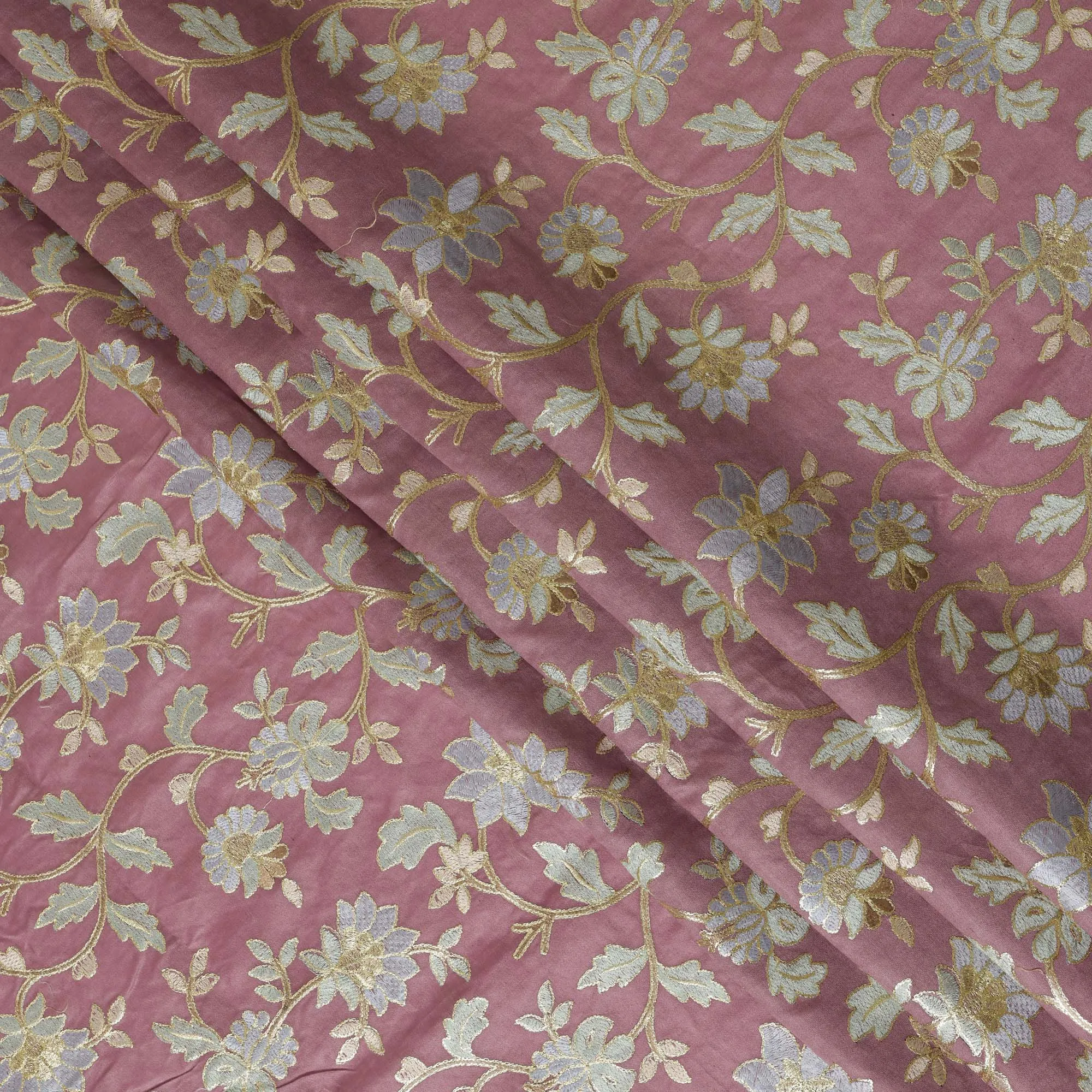 Dusty Rose Cotton Silk Fabric with Blue and Gold Floral Embroidery, 110 cm Width-D20434