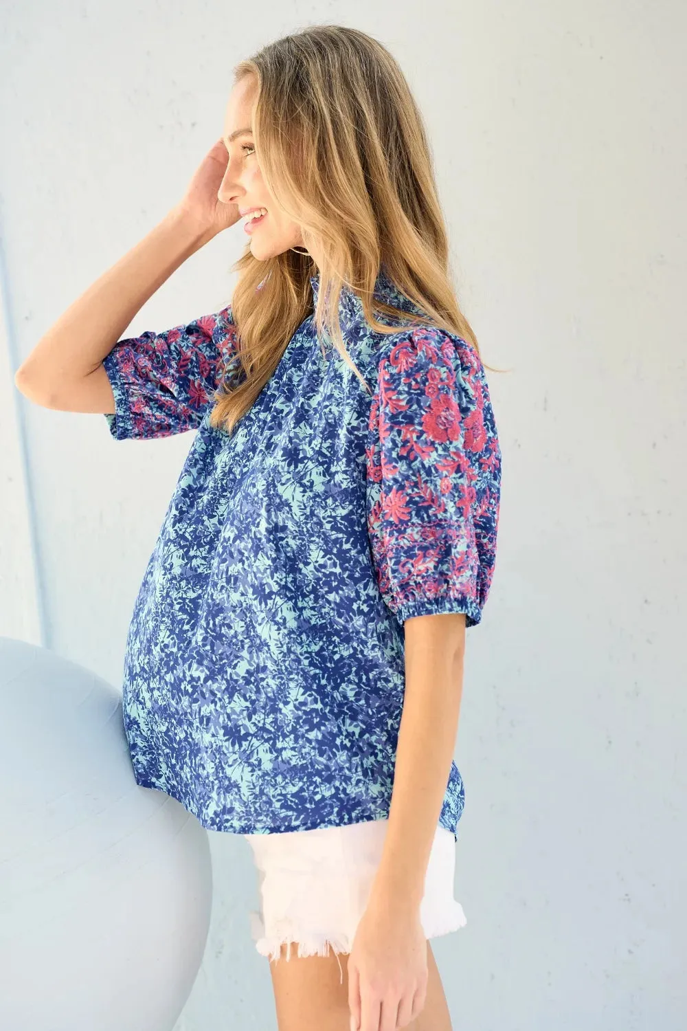 Embroidered Puff Sleeve Printed Blouse