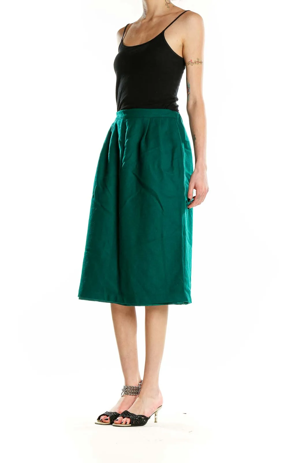 Emerald Green Wool A-Line Midi Skirt