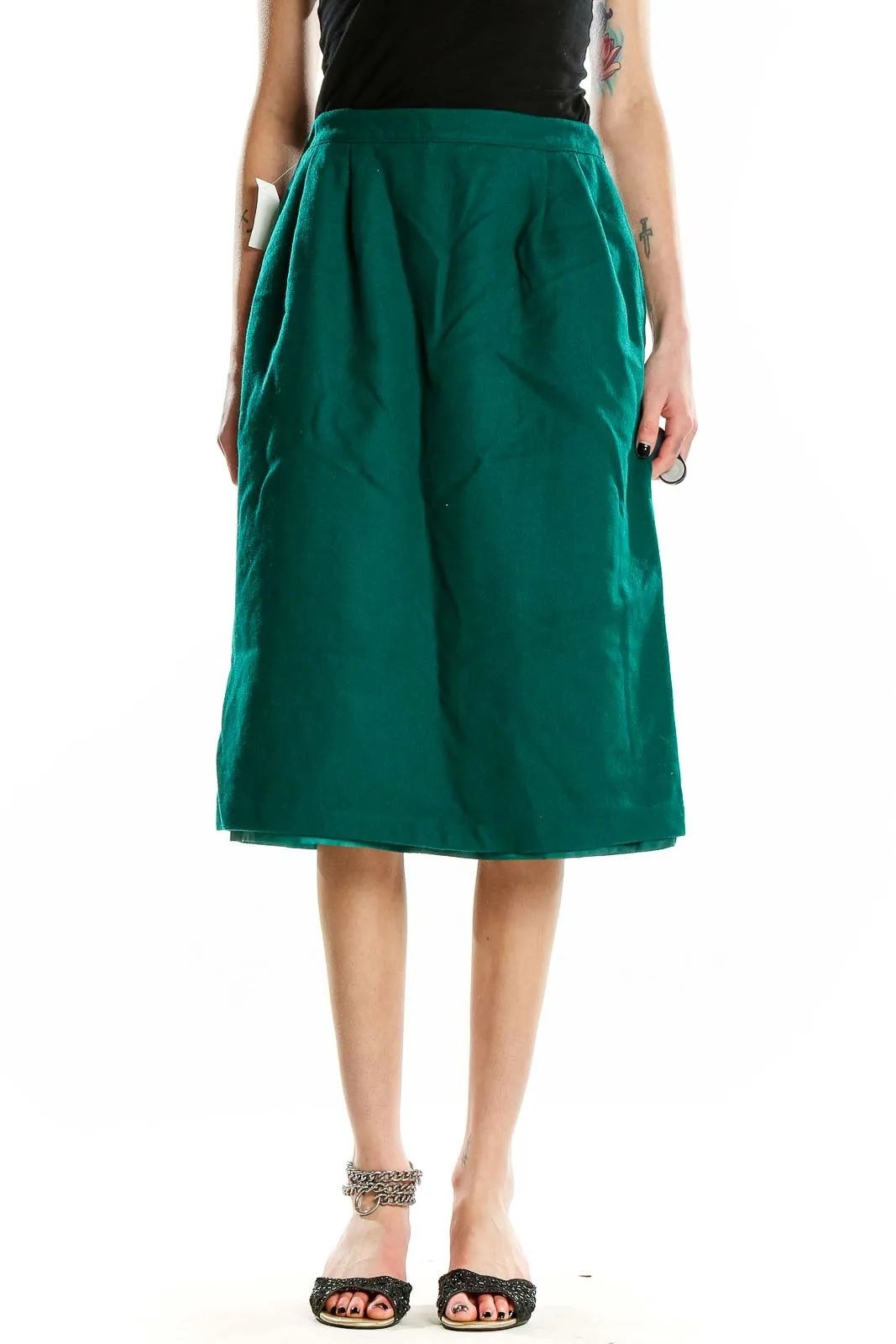 Emerald Green Wool A-Line Midi Skirt