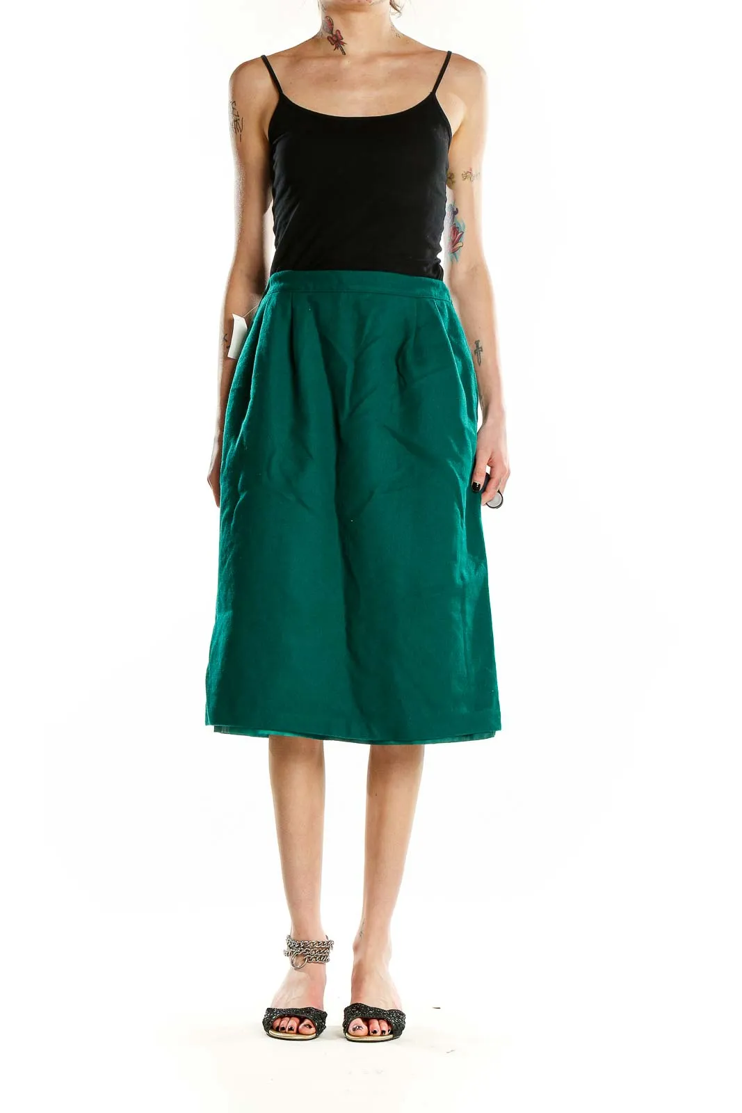 Emerald Green Wool A-Line Midi Skirt