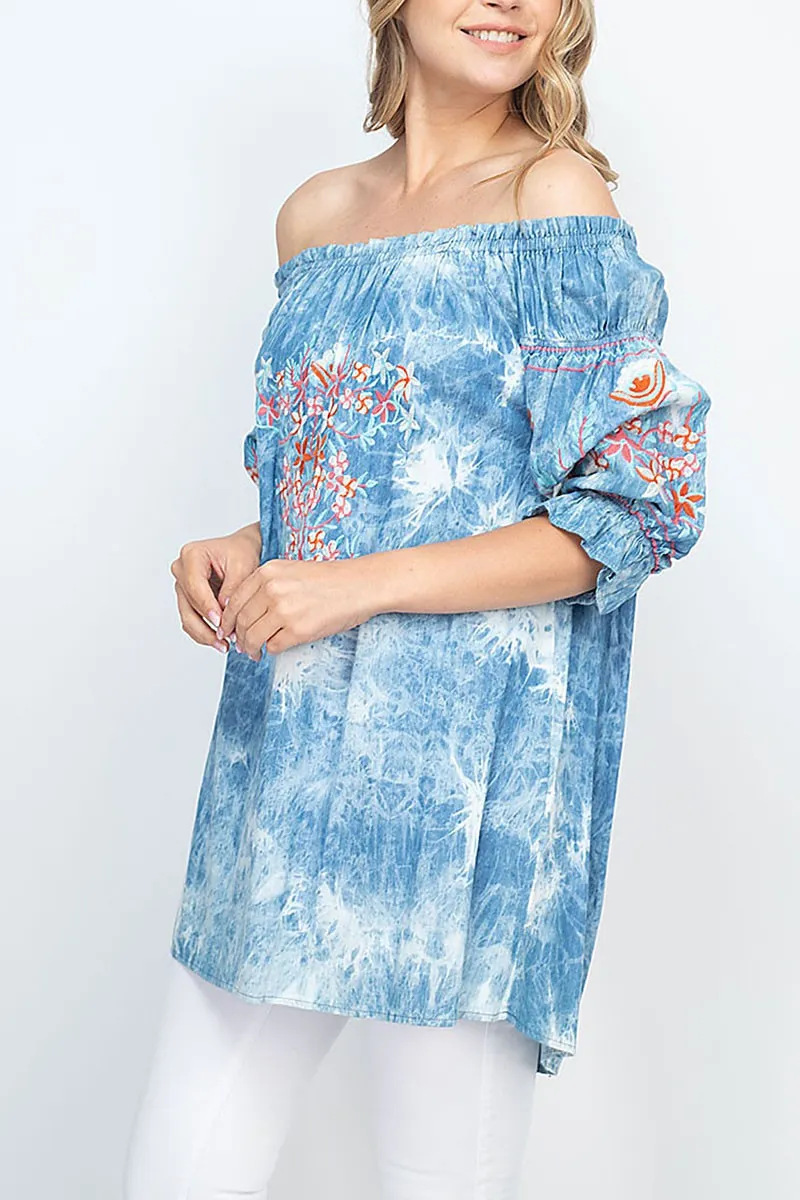 Floral Embroidered Off Shoulder Tie