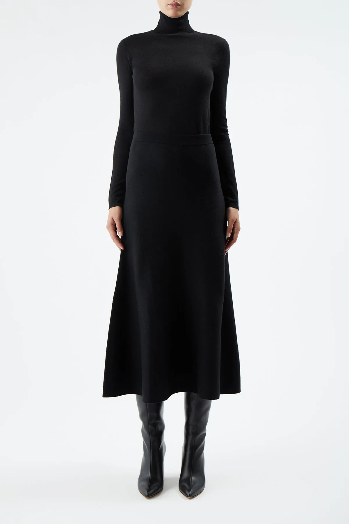 Freddie Knit Midi Skirt in Black Merino Wool Cashmere