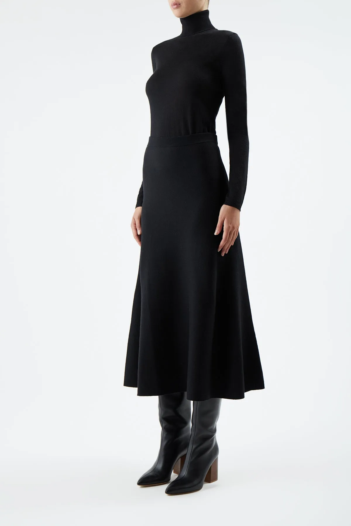 Freddie Knit Midi Skirt in Black Merino Wool Cashmere