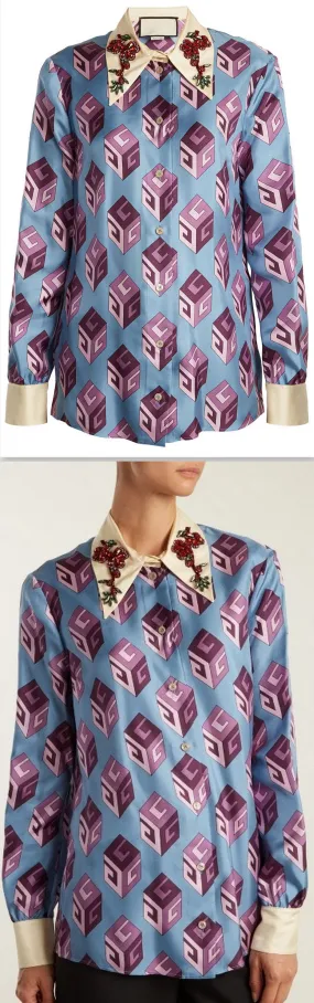 GG Wallpaper-print Embellished Collar Blouse