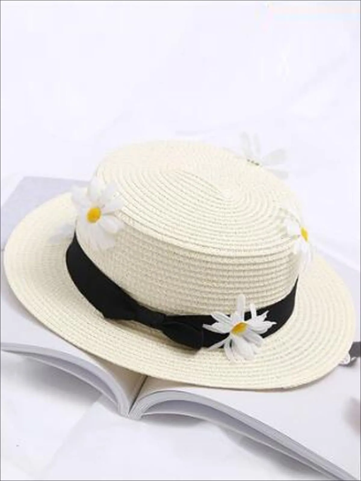 Girls Flower Embellished Bow Tie Straw Hat