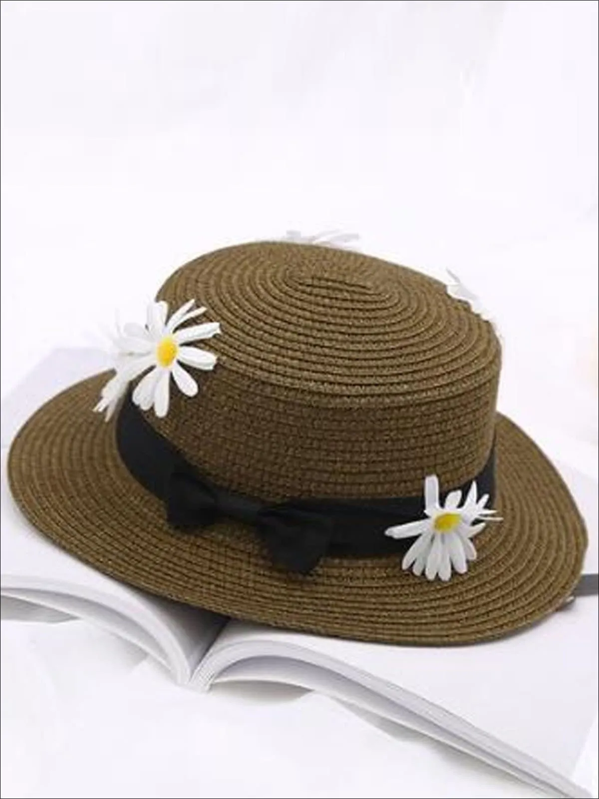 Girls Flower Embellished Bow Tie Straw Hat