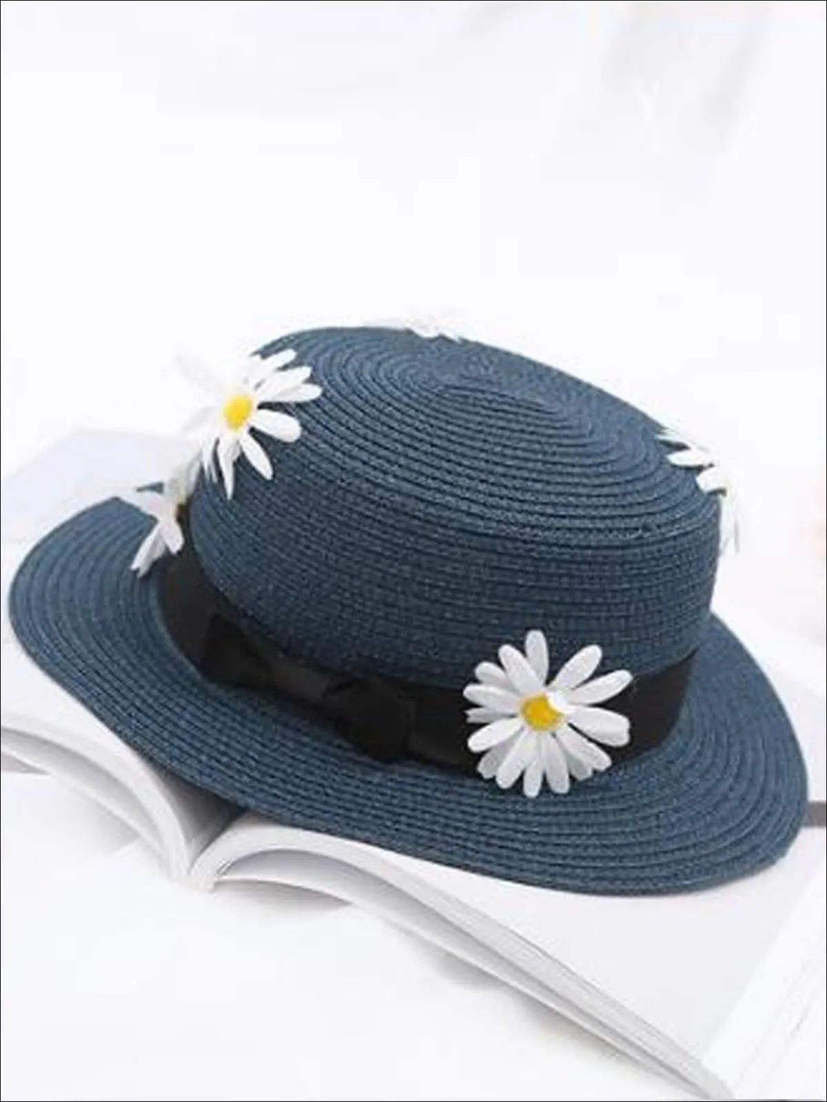 Girls Flower Embellished Bow Tie Straw Hat