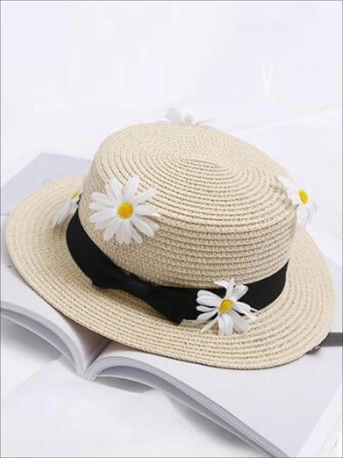 Girls Flower Embellished Bow Tie Straw Hat