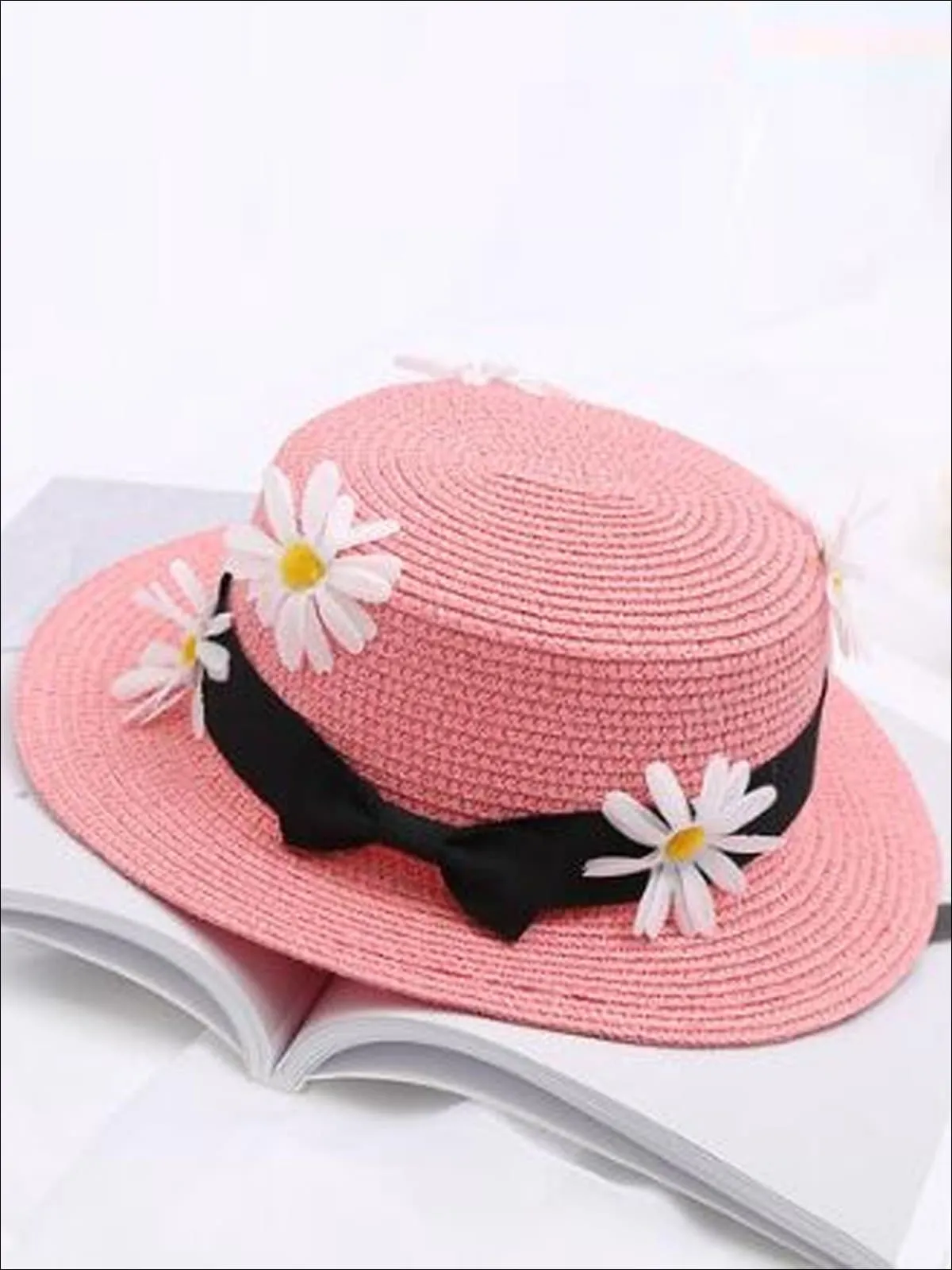 Girls Flower Embellished Bow Tie Straw Hat