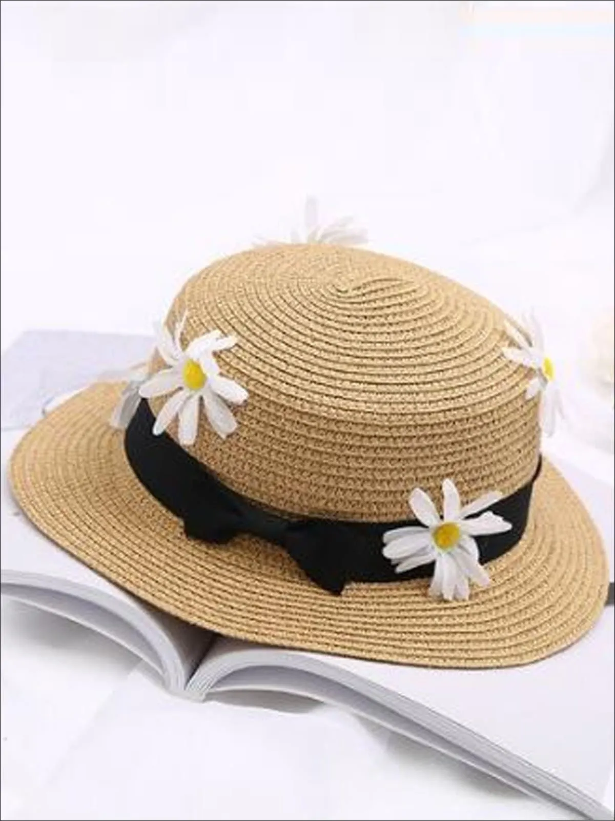 Girls Flower Embellished Bow Tie Straw Hat