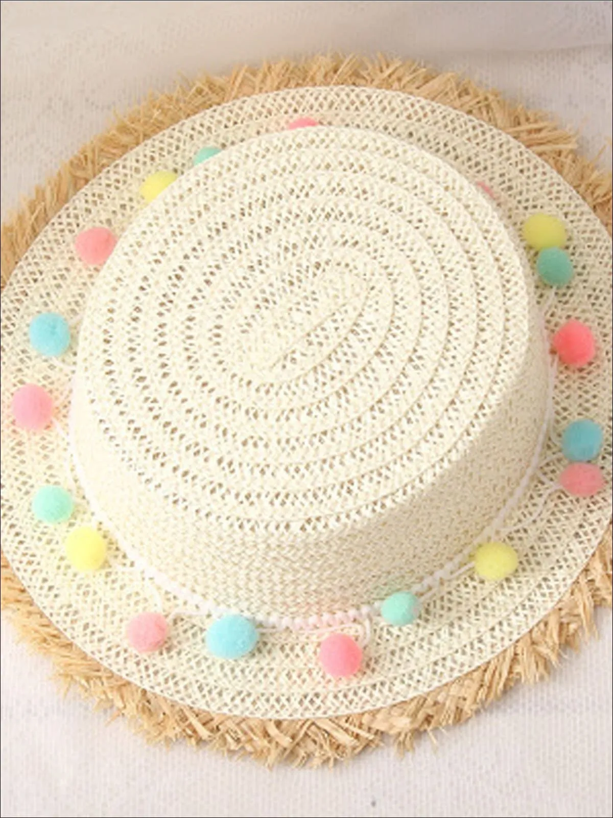 Girls Frayed Edge Pom Pom Straw Hat