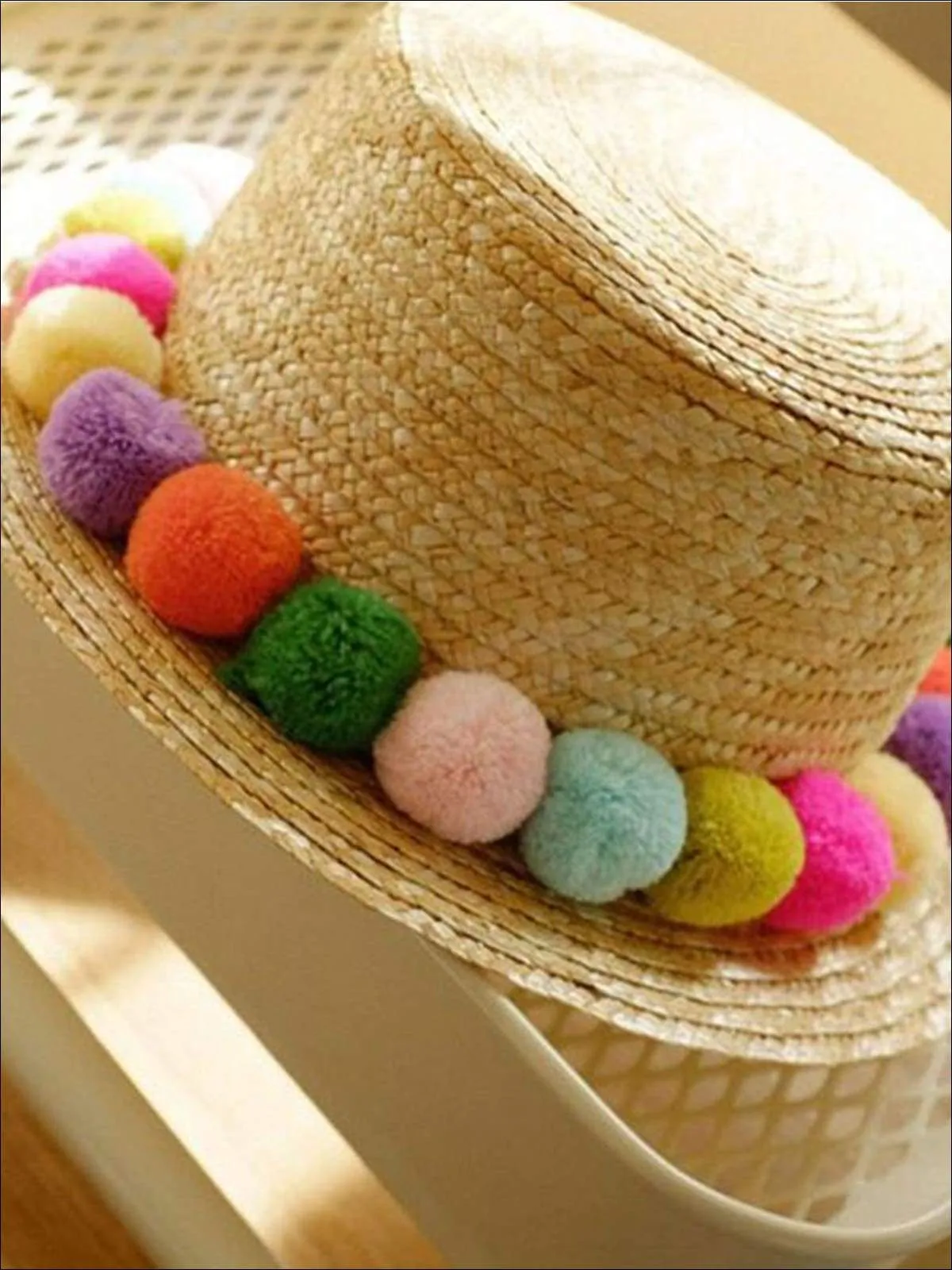 Girls Straw Hat With Plush Rainbow Pompoms