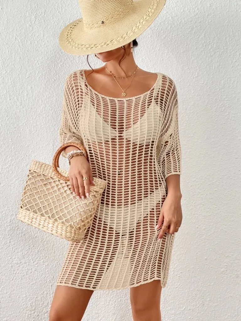 Hollow Out Mesh Crochet Romper Cover Up