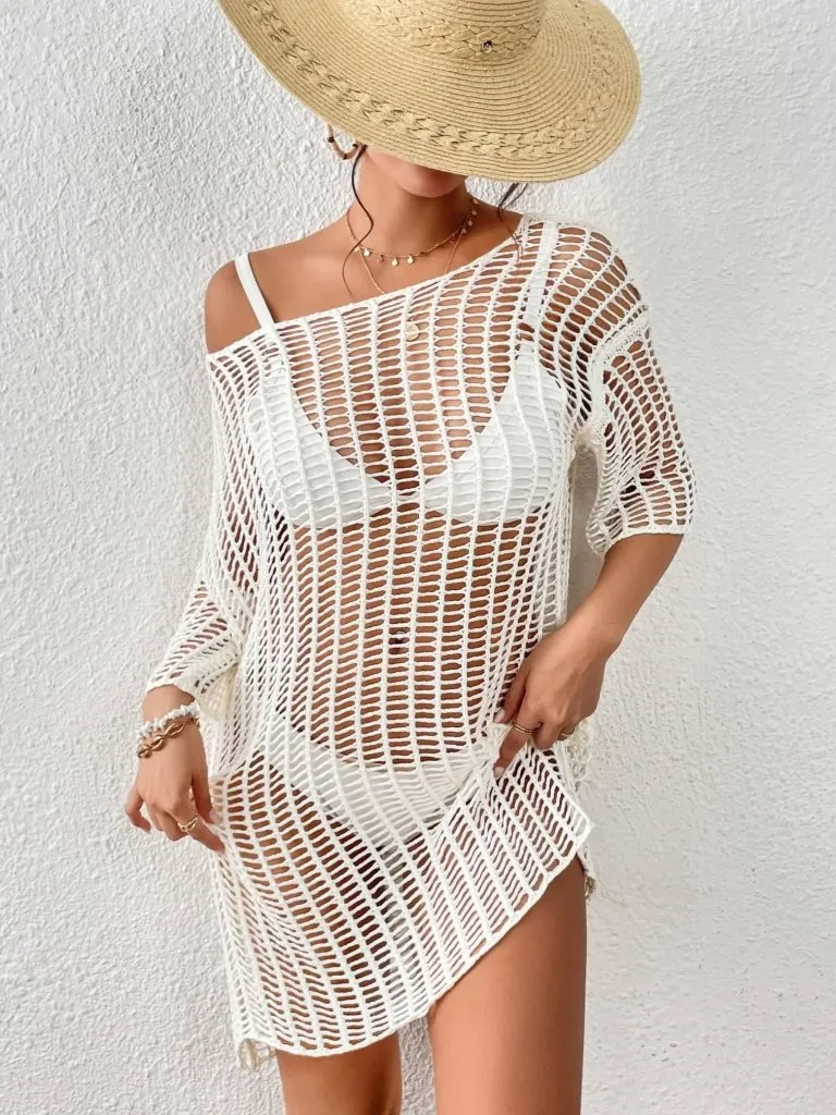 Hollow Out Mesh Crochet Romper Cover Up